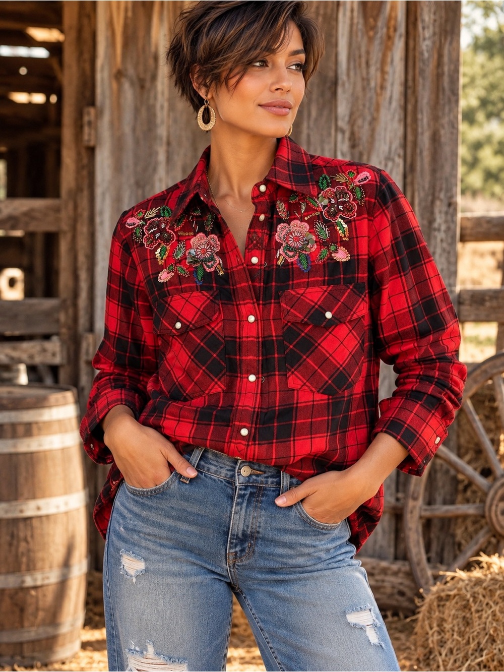 Zara red & black Tartan plaid Embroidered Button‑Front Shirt - Red. Size XS/24